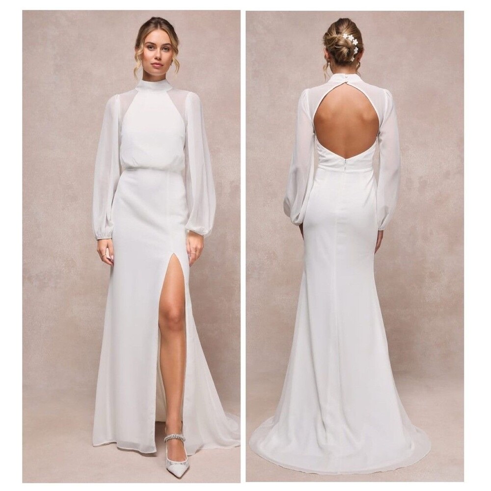 Lulus Graceful Love White Long Sleeve Backless Mermaid Maxi Dress Size Small